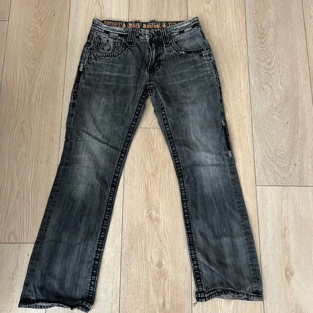 Rock Revival Moe Bootcut Jeans Faded Black Heavy Stitch.  Mens 31